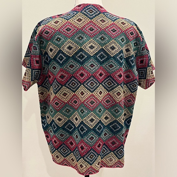 Dries Van Noten Metallic Short Sleeve Top Sweater V-Neck Medium Green Blue Pink - Picture 3 of 8